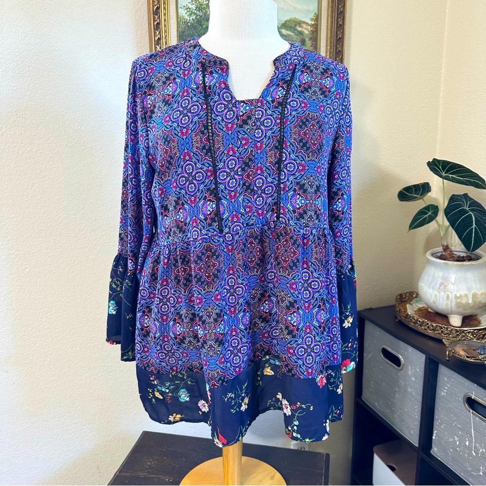 Counterparts Womens Floral Peasant Babydoll Blouse Size M Flare Long Sleeve
